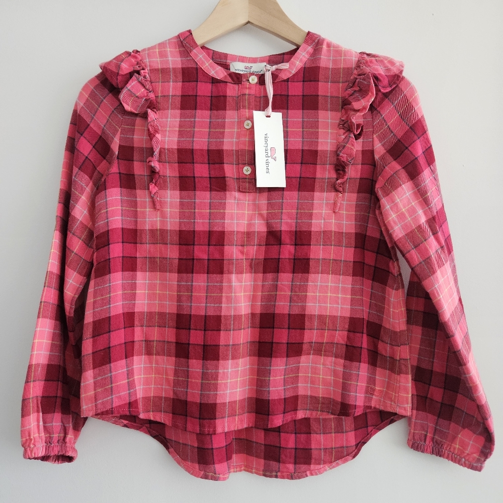 Vineyard Vines Girls' Soft Twill Pink Plaid Ruffle Shirt Size M NWT